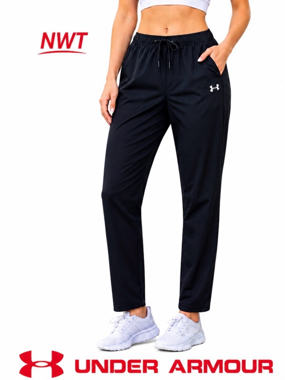 NWT Under Armour XS Black Perforated Woven Pants Loose Taper Athletic Womens NEW